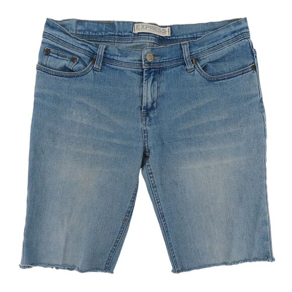 Express Womens 4 Regular Sarula Low Slung Blue Denim Bermuda Shorts Distressed - Picture 1 of 11